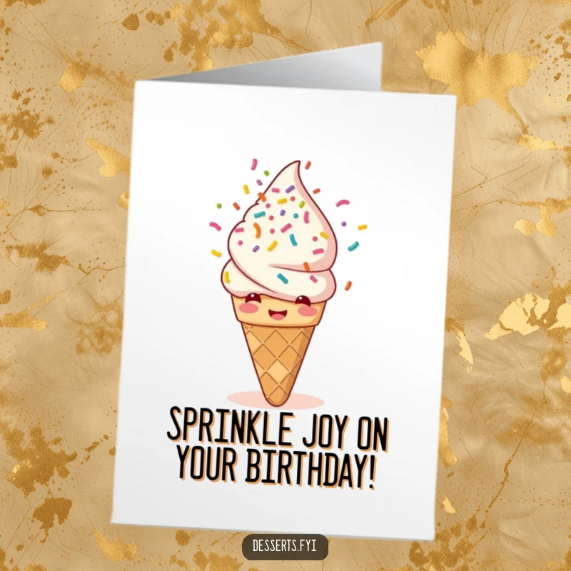 Funny Free Printable Birthday Card: A giggling ice cream cone gleefully showering itself with vibrant rainbow sprinkles.