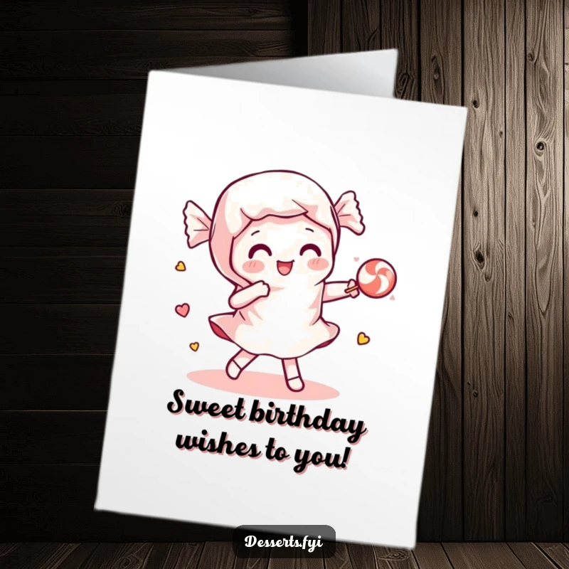 Free Printable Birthday Card: A playful candy wrapper dancing with a piece of candy.