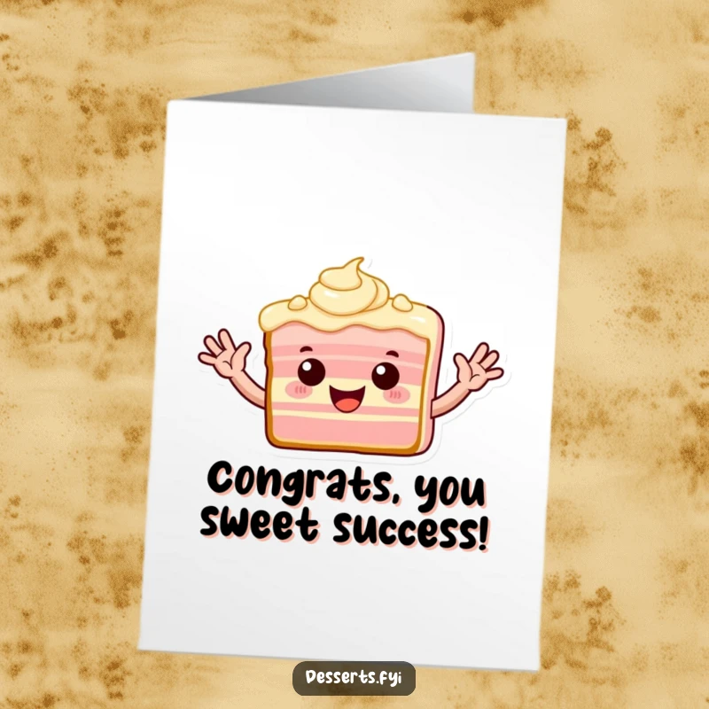 Free Printable Congratulations Card: Playful slice of cake with frosting arms waves enthusiastically.