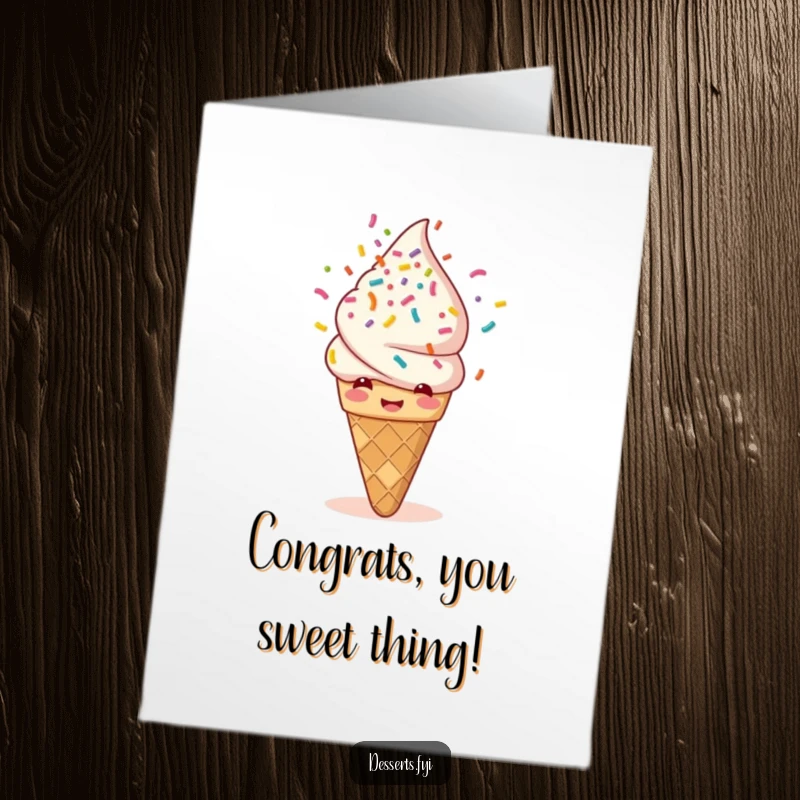 Funny Free Printable Congratulations Card featuring a giggling ice cream cone showering itself with a cascade of rainbow sprinkles.