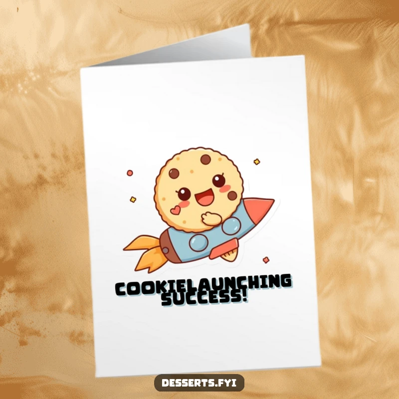 Funny free printable congratulations card featuring a cookie character blasting off on a tiny rocket, celebrating a successful launch.