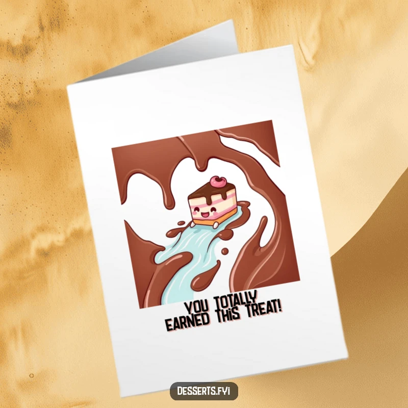 Funny Free Printable Congratulations Card: Joyful cake slides down a chocolate syrup river, celebrating achievements, downloadable art.