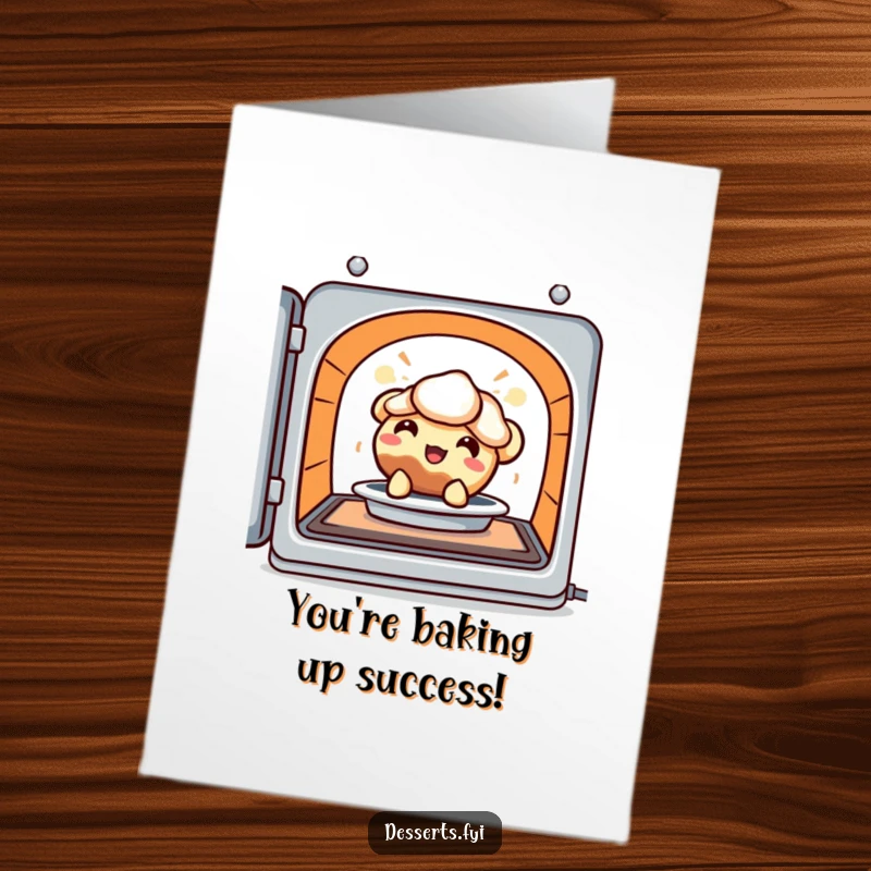 Funny Free Printable Congratulations Card: Delighted pie character peeking from a warm oven, celebrating your success with delicious charm.