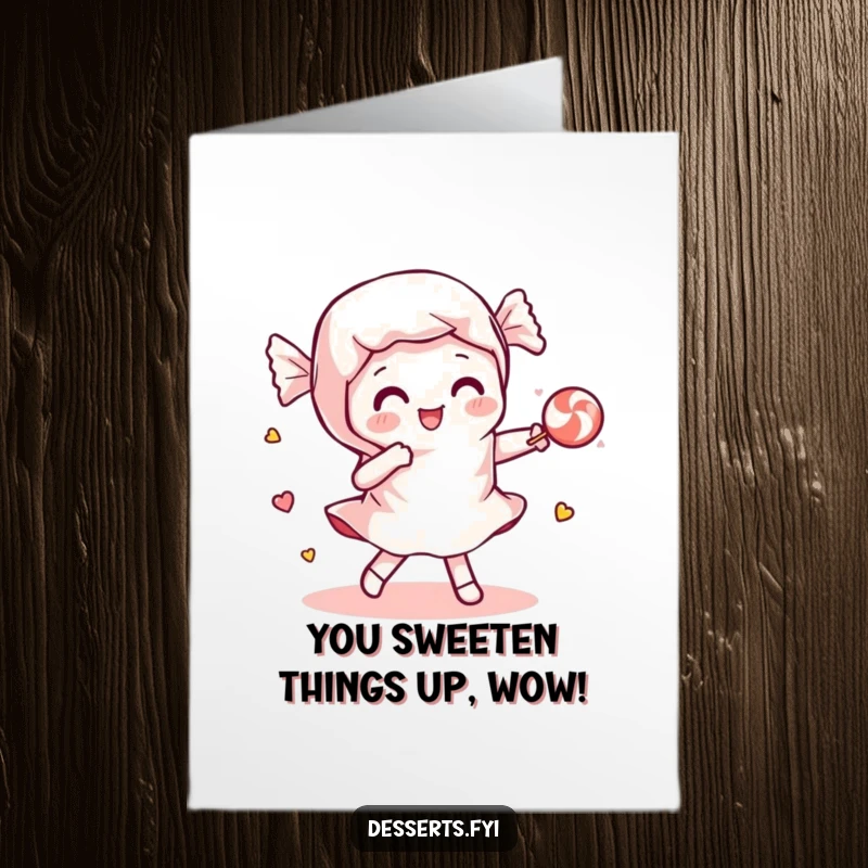 Free Printable Congrats Card: A playful candy wrapper dancing with a piece of candy to celebrate.