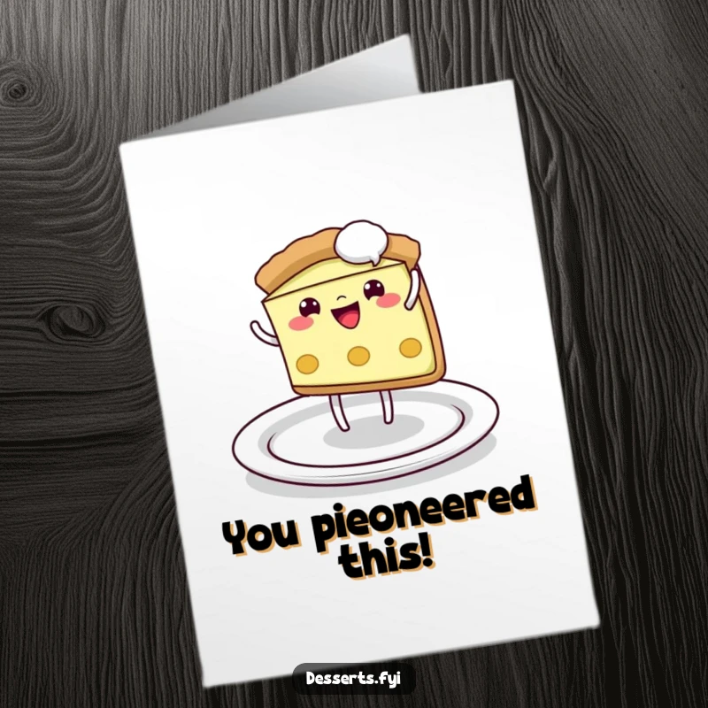 Funny Free Printable Congratulations Card: A playful pie slice executes a cheerful cartwheel on a dinner plate.