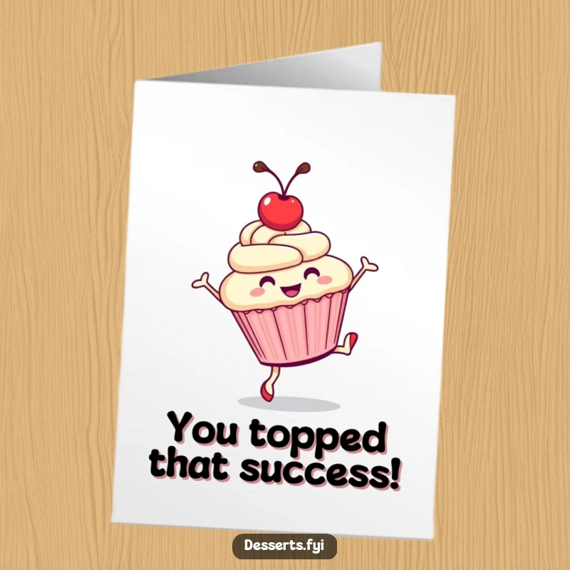 Funny Free Printable Congratulations Card showing a happy cupcake with a cherry on top performing a cartwheel.