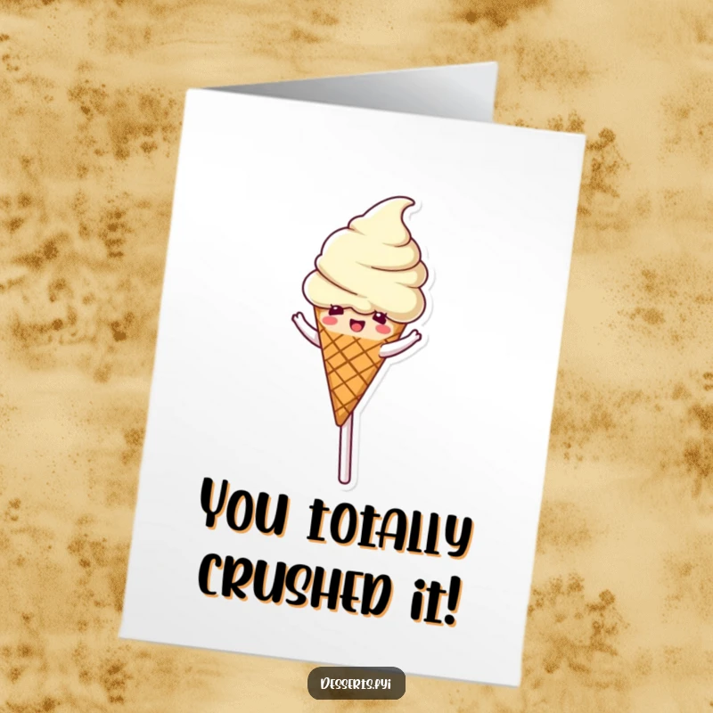 Funny free printable congratulations card of an ice cream cone character spinning on a lollipop, celebrating a sweet achievement.