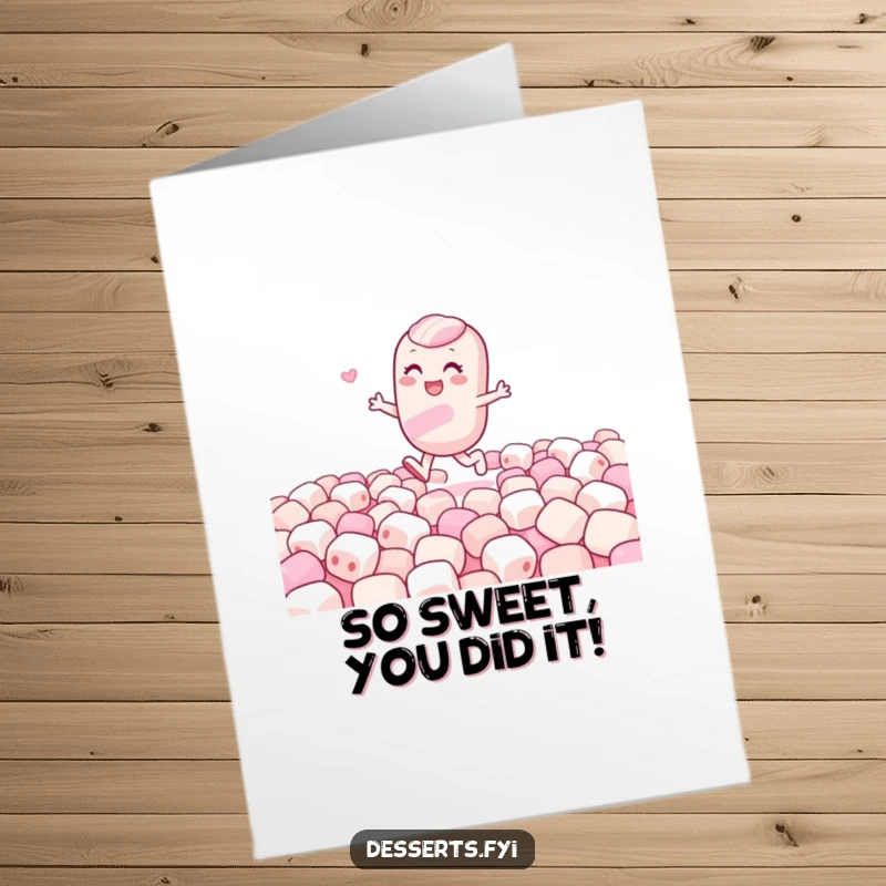 Funny Free Printable Congratulations Card: A gleeful candy character skips with delight through a field of marshmallows, celebrating success.