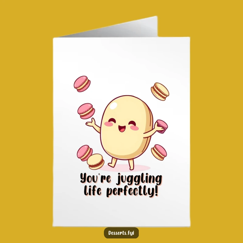 Free Printable Congrats Card: Juggling Macaroon Character Celebrating Your Sweet Success