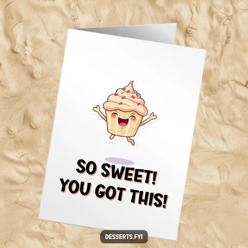 Funny Free Printable Congratulations Card: A joyful cupcake character covered in sprinkles leaping enthusiastically, symbolizing grand achievements.