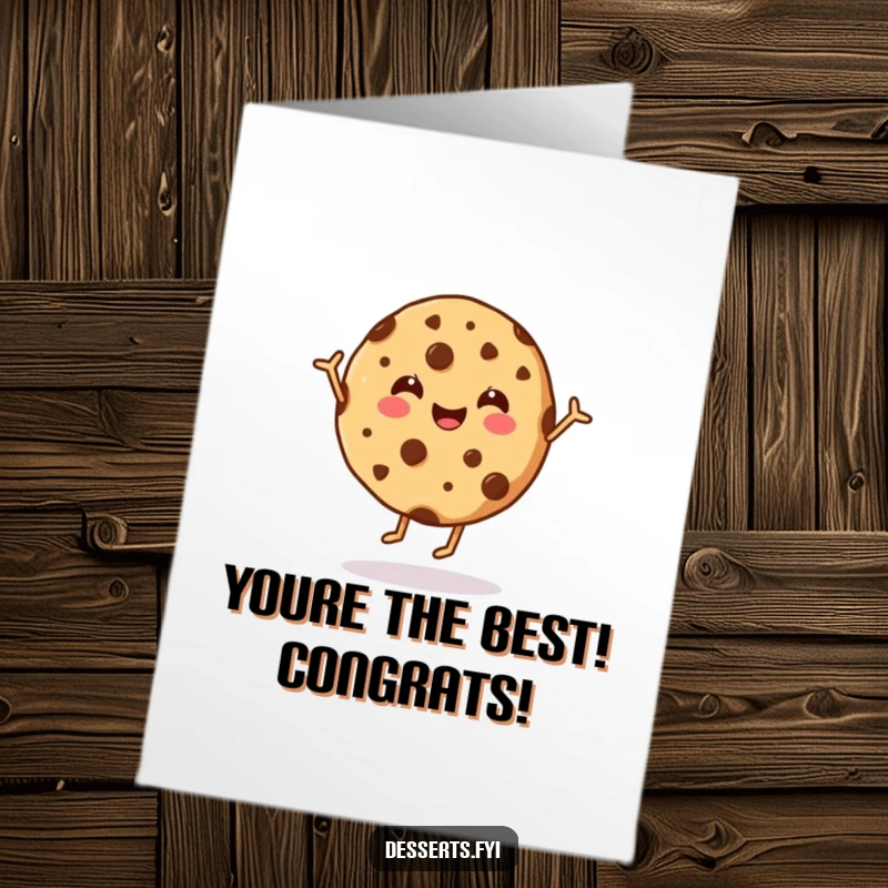Funny free printable congratulations card showing a happy cookie with chocolate chips doing a celebratory dance.