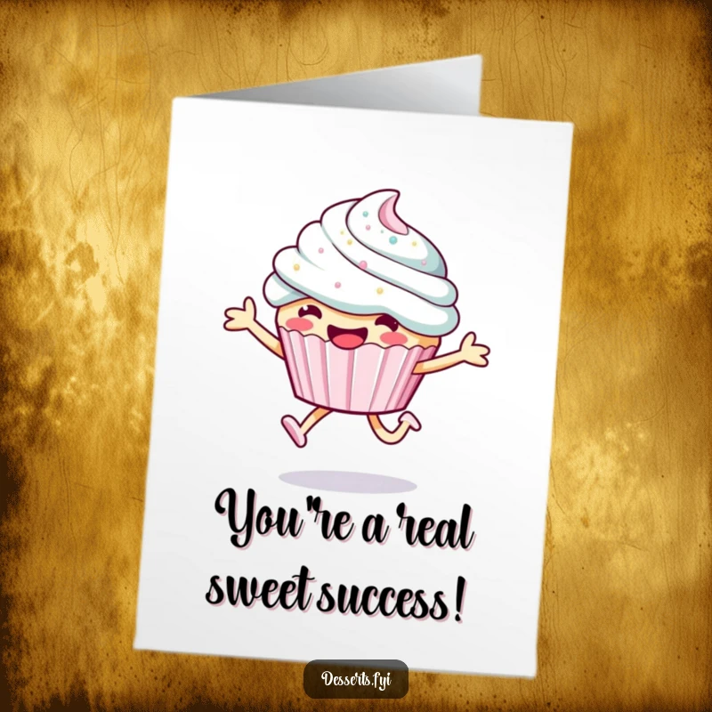 Funny Free Printable cupcake congratulations card, a happy character performing a celebratory leap with dazzling sparkly frosting.
