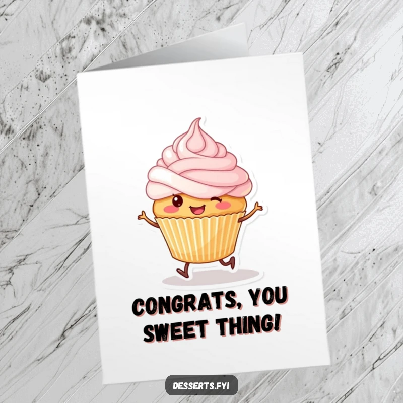 Free Printable Congratulations Card: Smiling cupcake with tiny legs skips happily with frosting on its head.