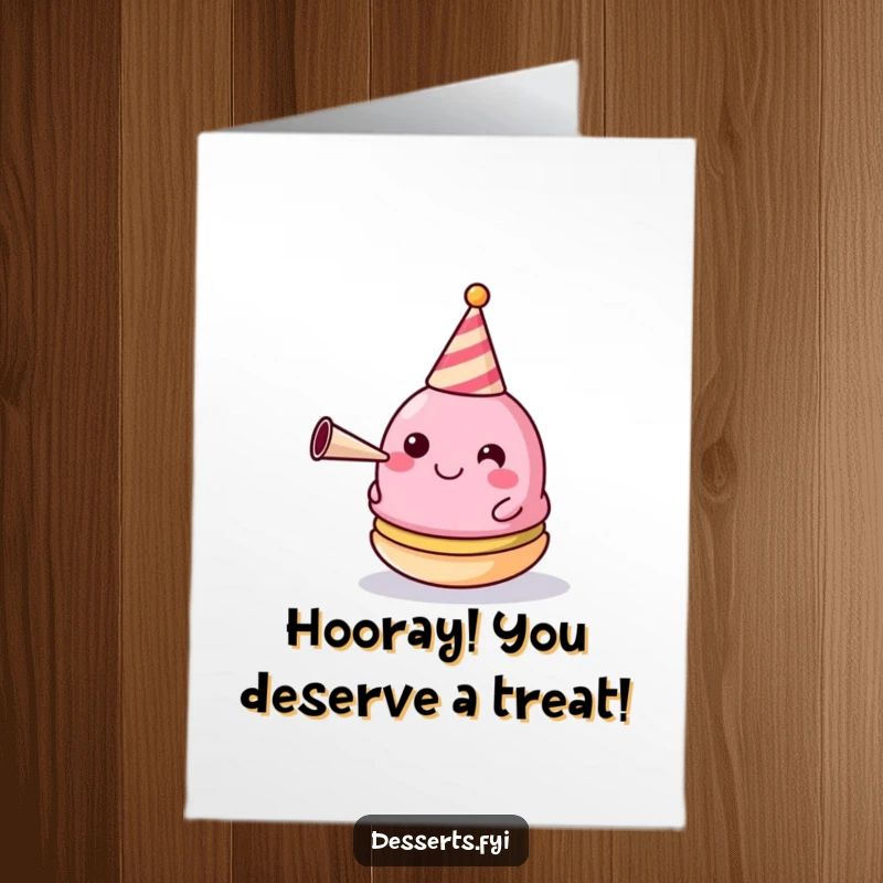 Funny Free Printable Congratulations Card: A happy macaron wearing a party hat blows a horn, perfect for a DIY congrats.