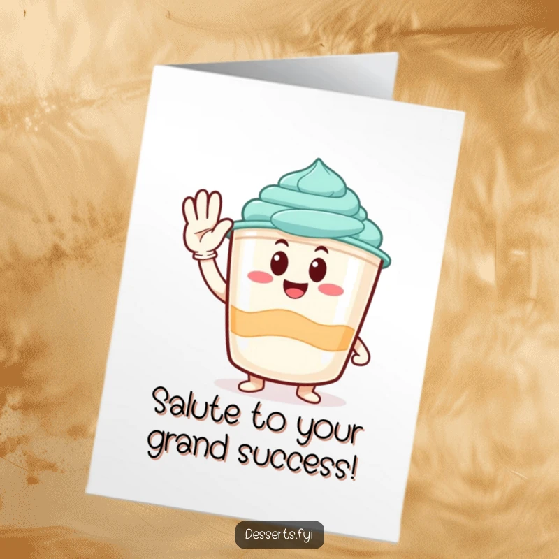 Funny Free Printable Congratulations Card with a playful pudding cup character offering a happy, celebratory salute.