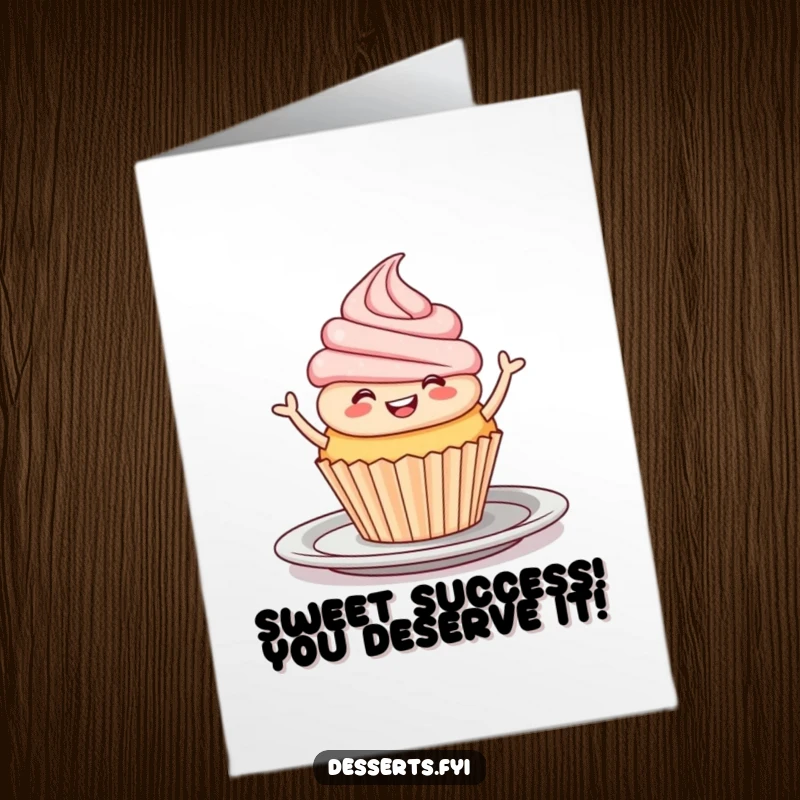 Funny Free Printable Congratulations Card: A smiling cupcake performs a joyful jig on a plate, a fun DIY congrats gift.