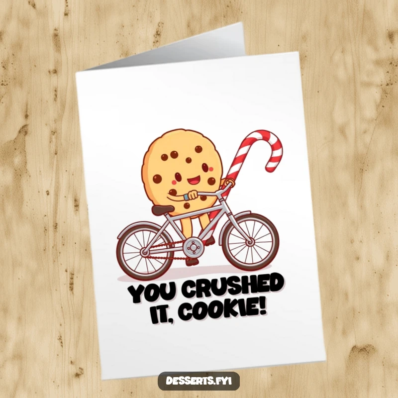 Funny Free Printable Congratulations Card: A gleeful cookie character completes a victory lap on a tiny bicycle around a candy cane.