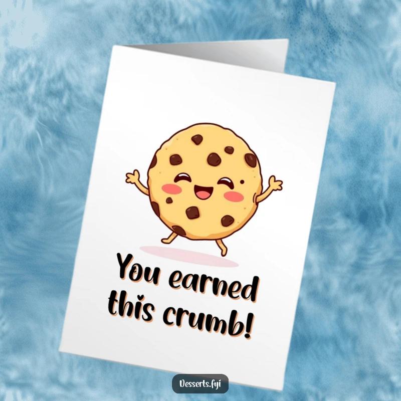 Funny Free Printable Congratulations Card: A joyful cookie character with chocolate chips performs a happy dance, a perfect downloadable greeting for any win.