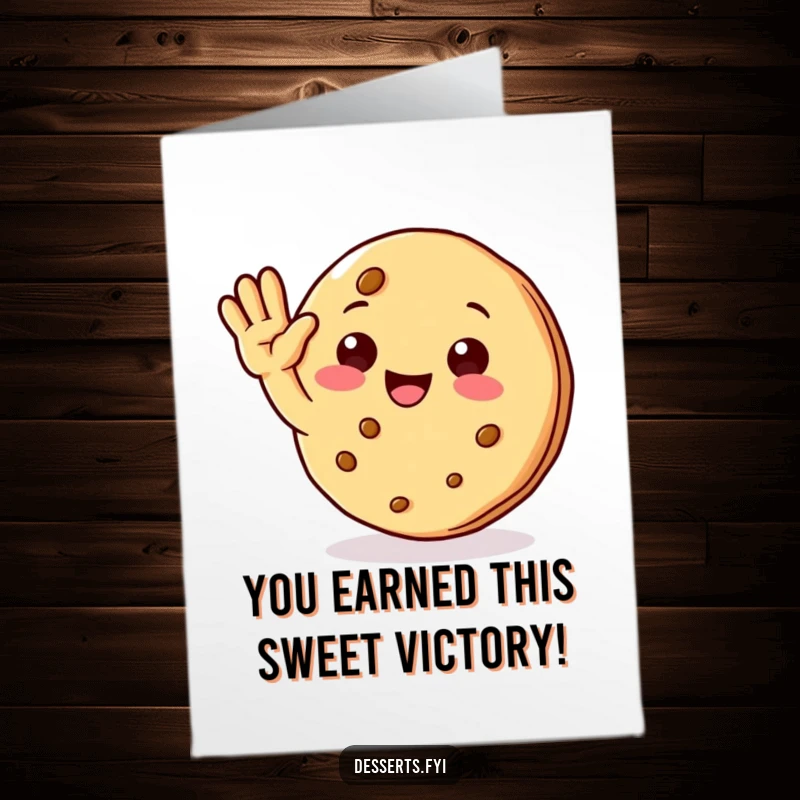 Funny Free Printable Cookie Character waving congratulations, a delightful DIY card for any achievement.