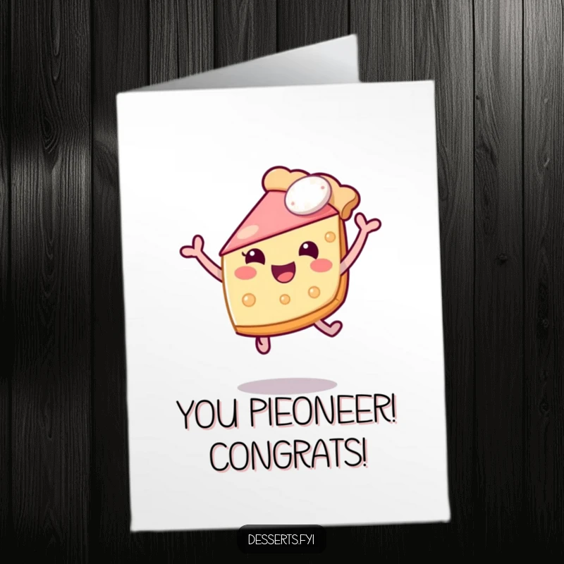 Funny Free Printable Congratulations Card showcasing a gleeful pie jumping high, embodying excitement and sweet success.