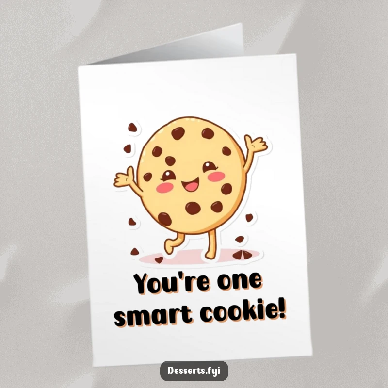 Funny Free Printable cookie congratulations card, a happy cookie character doing a joyful dance, celebrating success with chocolate chips.
