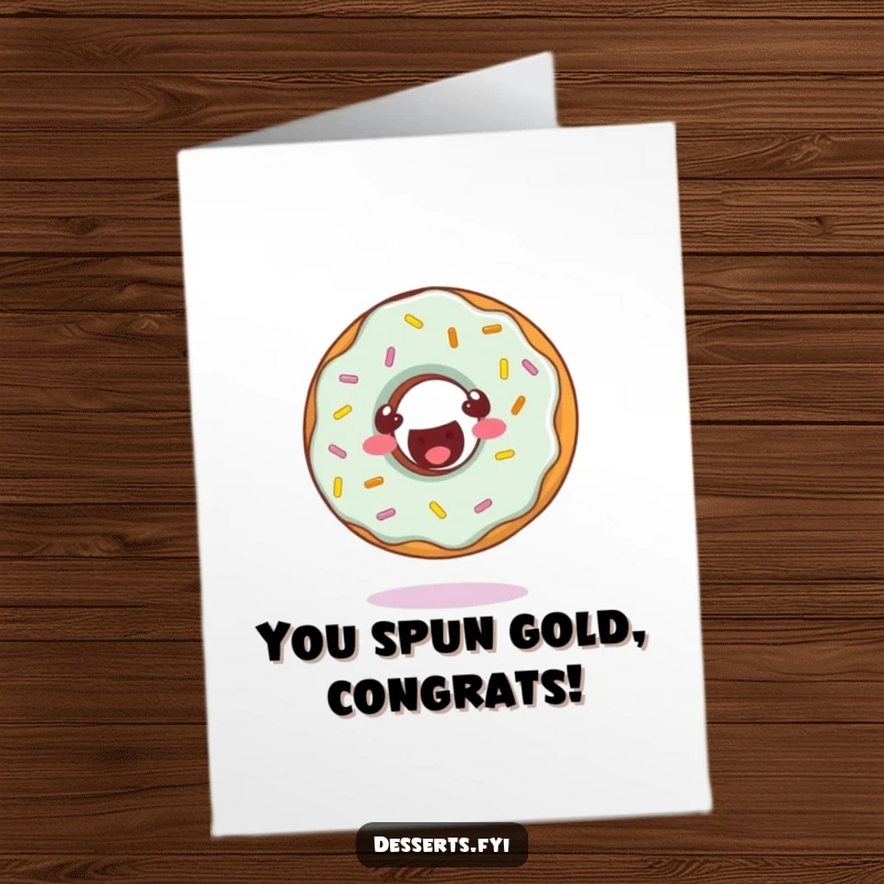 Funny Free Printable Congratulations Card: Cheerful donut with sprinkles performing a happy somersault, celebrating achievement, downloadable.