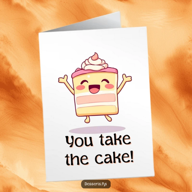 Free printable congratulations card showcasing a leaping, ecstatic cake with frosting, radiating pure happiness for any achievement.