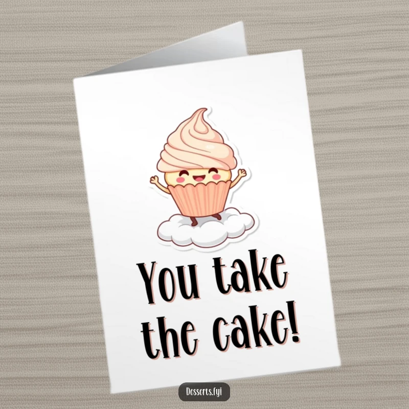 Funny Free Printable Congratulations Card: Smiling cupcake character dances with glee on a soft whipped cream cloud.