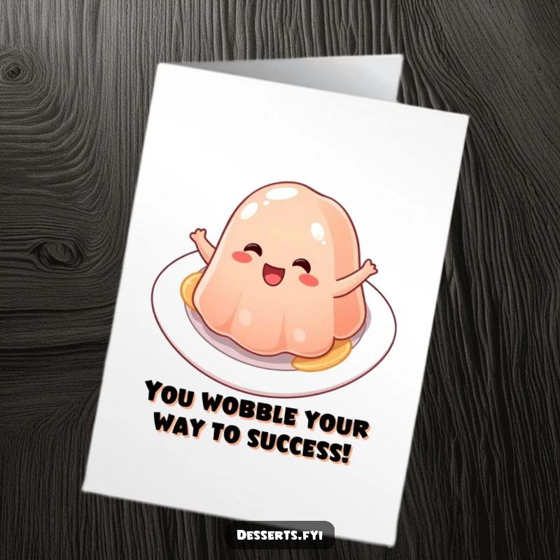 Funny Free Printable jelly congratulations card, a delighted jelly character joyfully bouncing with excitement on a plate.