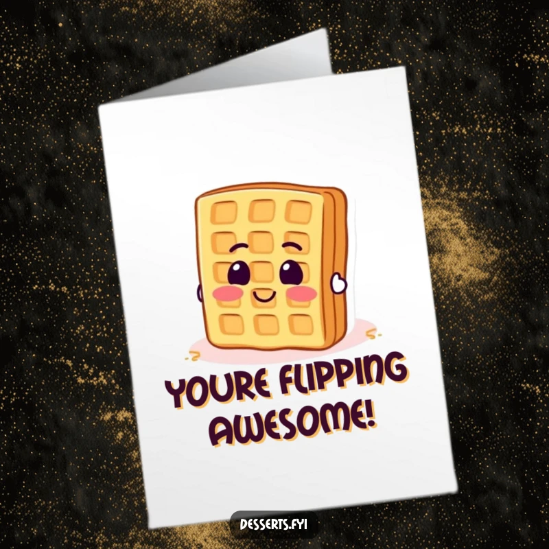 Funny Free Printable Congratulations Card: A smiling waffle determinedly attempting to flip itself over, celebrating a sweet victory.