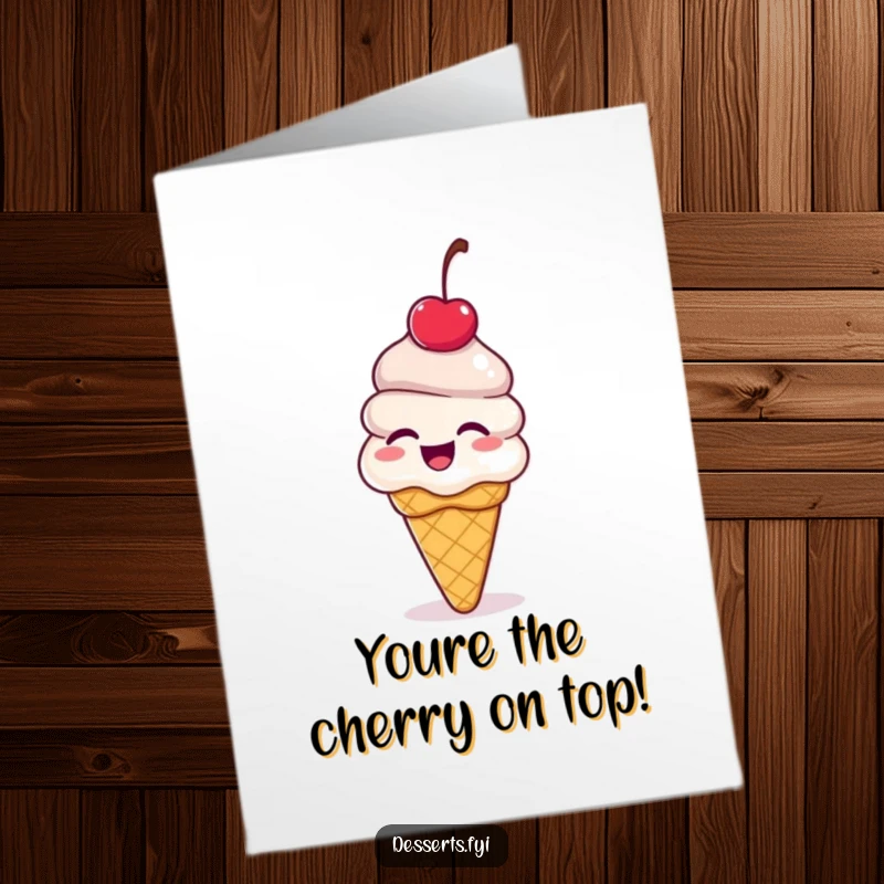 Funny Free Printable Congratulations Card: Giggling ice cream cone with a cherry on top bouncing with delight, celebrating achievements.
