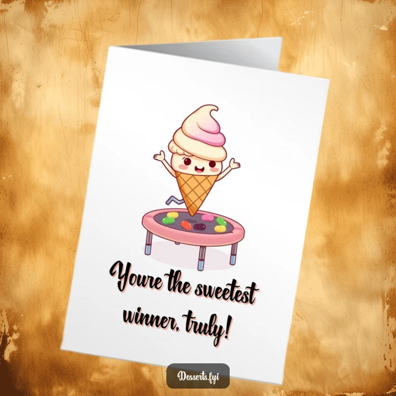 Funny Free Printable Congratulations Card: Playful ice cream cone bounces on a jelly bean trampoline, cheering success, downloadable art.