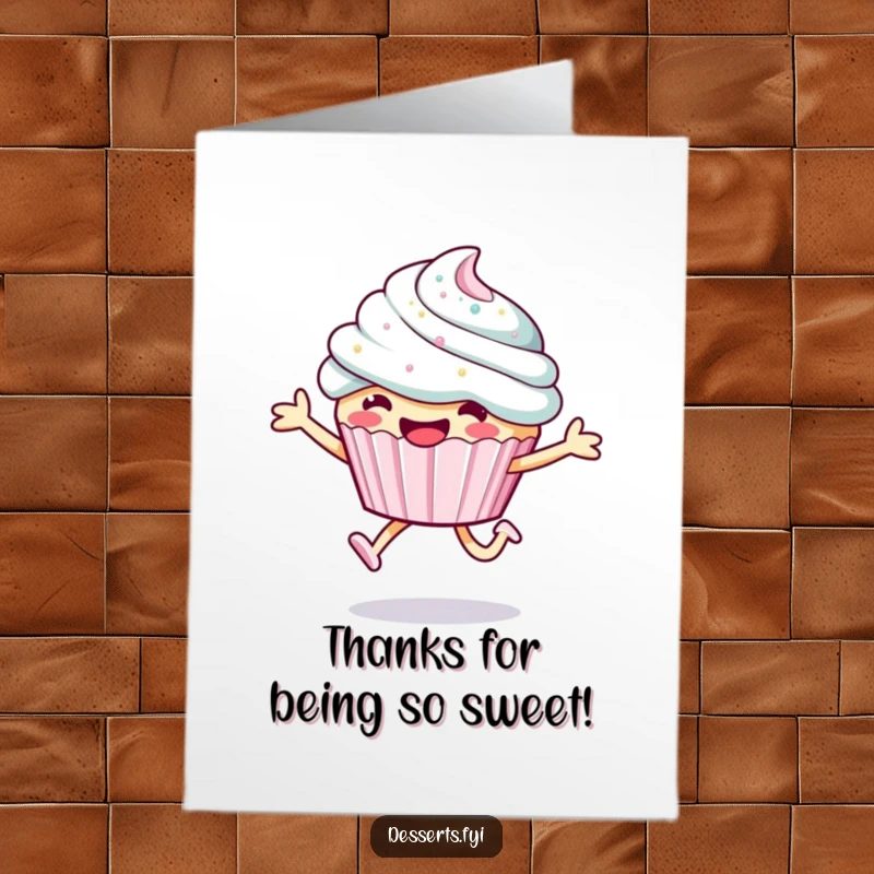 Funny Free Printable cupcake thank you card, a smiling character doing a happy leap, a sweet gesture of appreciation.