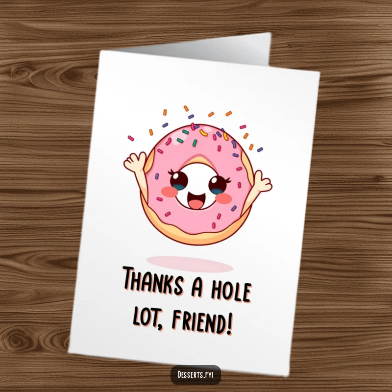 Funny Free Printable donut thank you card, a happy character throwing sprinkles symbolizing heartfelt thanks, ready to print.