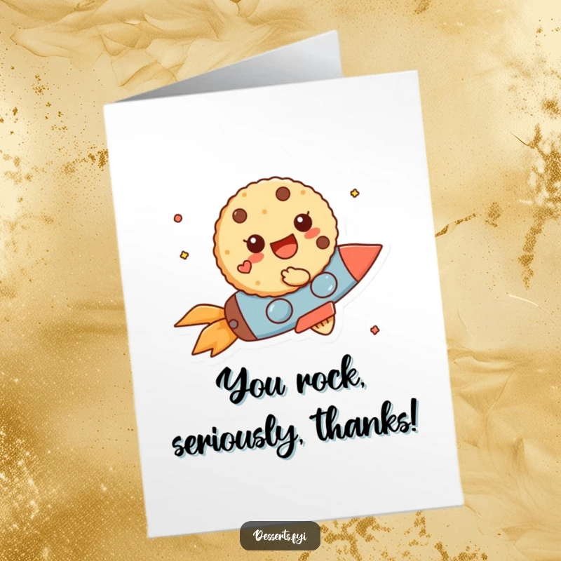 Funny free printable thank you card with a cookie character on a rocket, conveying thanks with energetic speed.