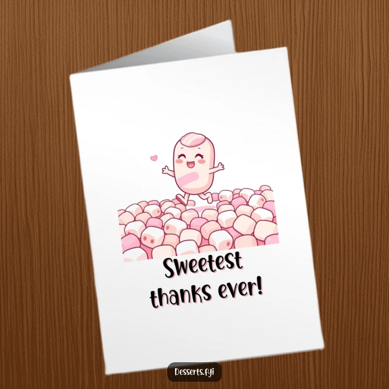 Funny Free Printable Thank You Card: A gleeful candy character skips happily through marshmallows, conveying sincere thanks.