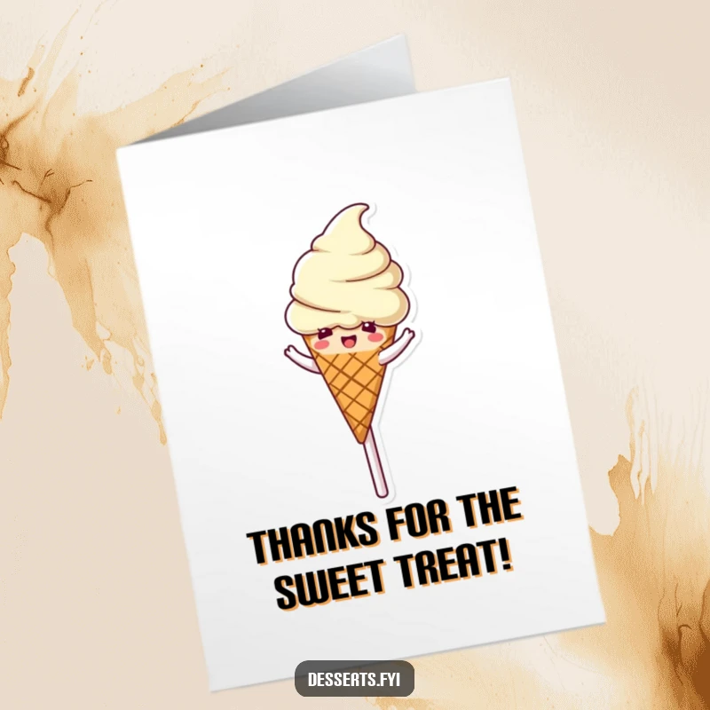 Funny free printable thank you card with an ice cream cone character spinning on a lollipop, a sweet and funny way to say thanks.