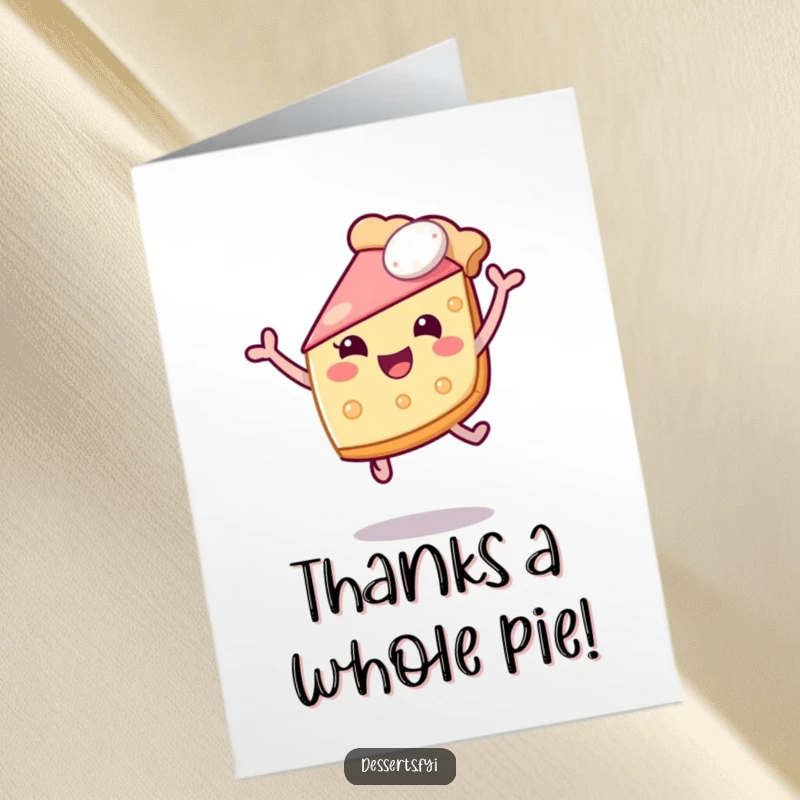 Funny Free Printable Thank You Card depicting a happy pie leaping with joy, conveying sincere appreciation and thanks.