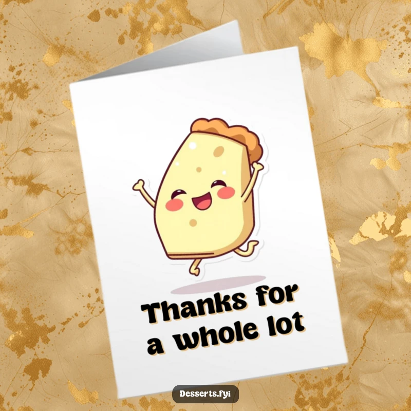 Funny Free Printable Thank You Card where a cheerful slice of pie character is performing a playful leap.