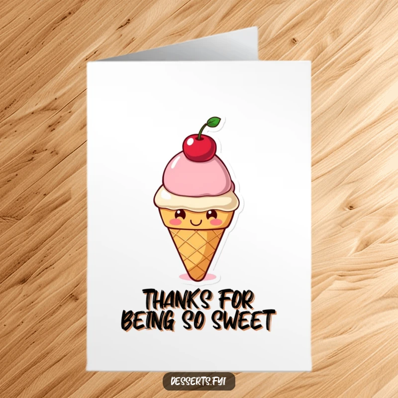 Funny Free Printable Thank You Card: Smiling ice cream cone character balancing a cherry, conveying sweet and cool gratitude with a grin.