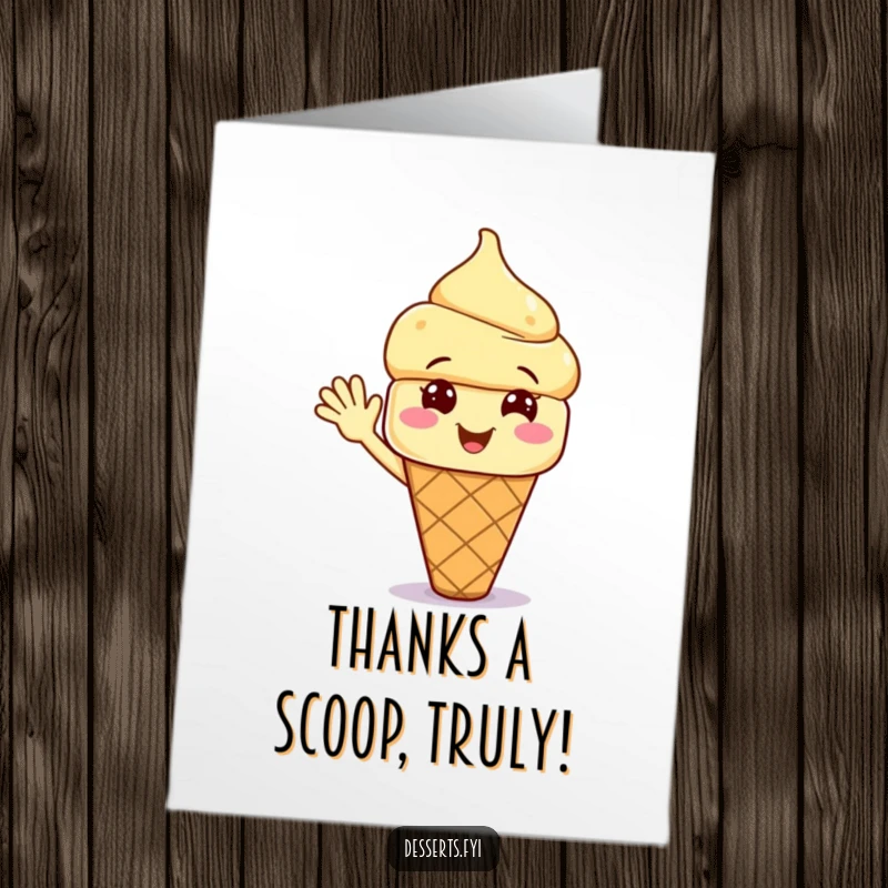 Funny Free Printable Thank You Card featuring a smiling, waving ice cream cone character, offering a cool and cheerful way to express thanks.