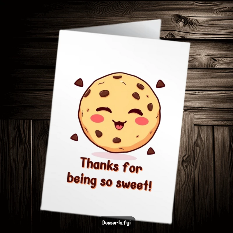 Funny free printable thank you card featuring a winking chocolate chip cookie, offering a sweet and spirited expression of thanks.