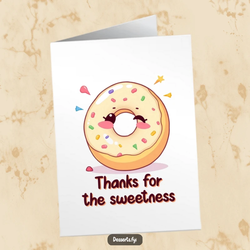 Funny Free Printable Thank You Card: A joyful donut character winks and sprinkles colorful candy dots happily.