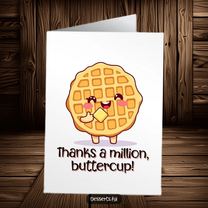 Funny Free Printable Waffle Thank You Card: Smiling waffle offers butter, expressing gratitude, downloadable DIY gift.