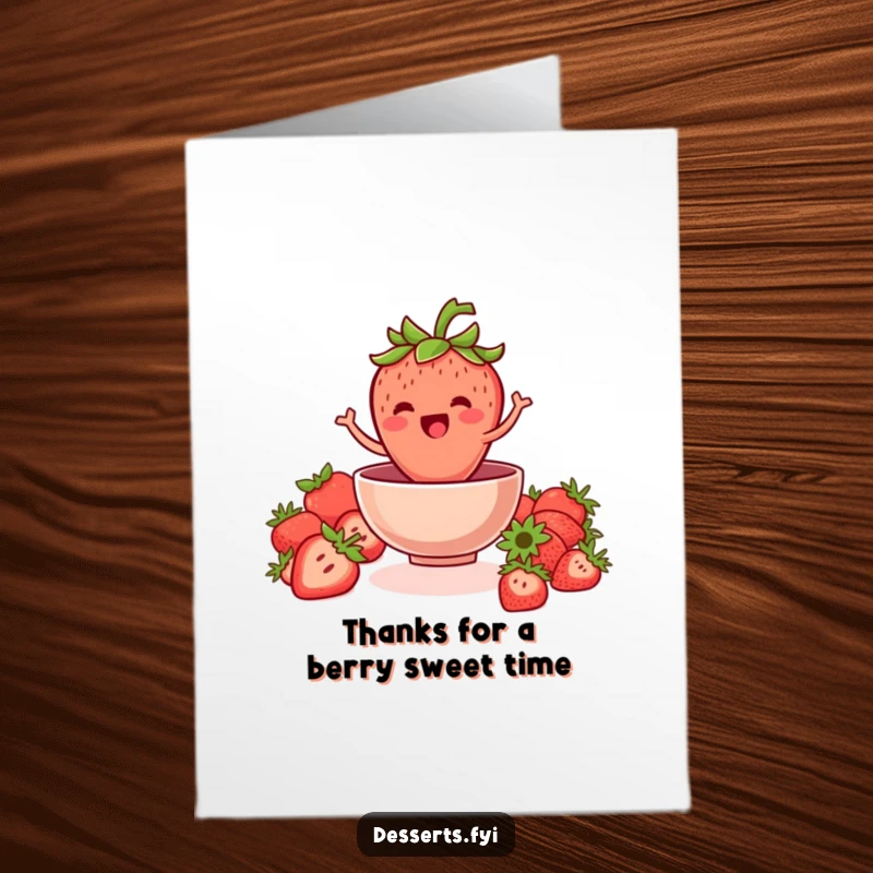 Funny Free Printable Thank You Card: A jovial strawberry with a crown jumps into a bowl, sending thanks.