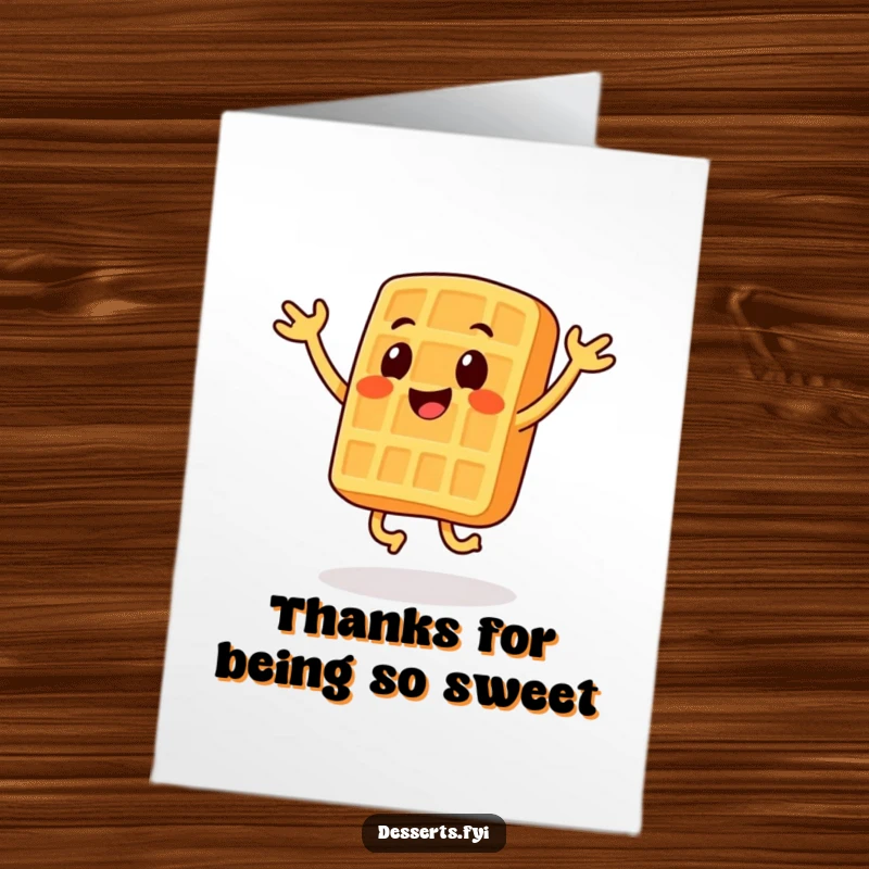 Funny Free Printable Thank You Card with a smiling waffle character performing energetic jumping jacks.