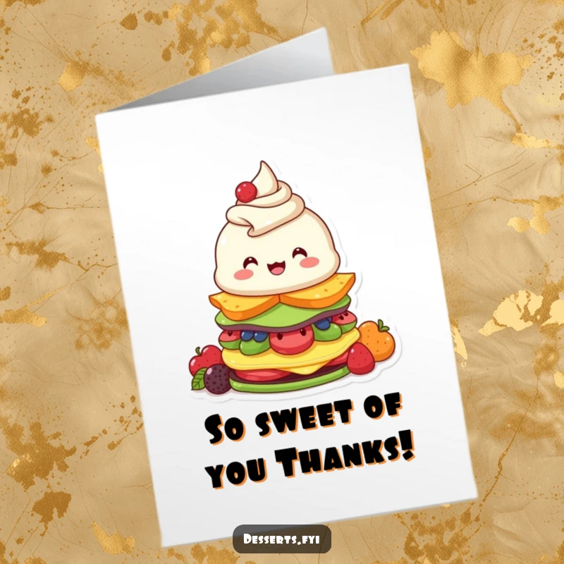 Funny Free Printable Thank You Card with a happy parfait character stacking yummy fruity layers with zest.