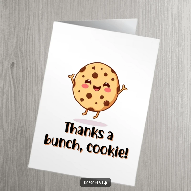 Funny free printable thank you card featuring a happy cookie with chocolate chips performing a delightful dance.