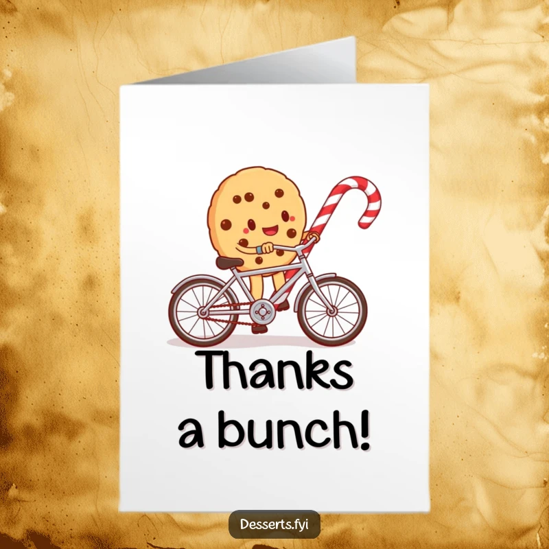 Funny Free Printable Thank You Card: A cookie character joyfully pedals a bicycle around a candy cane, expressing thanks.