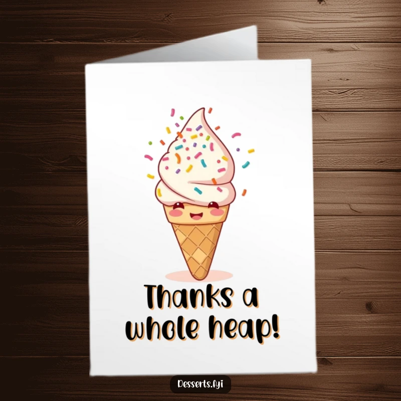 Funny Free Printable Thank You Card of a giggling ice cream cone showering itself in a delightful rainbow sprinkle explosion.